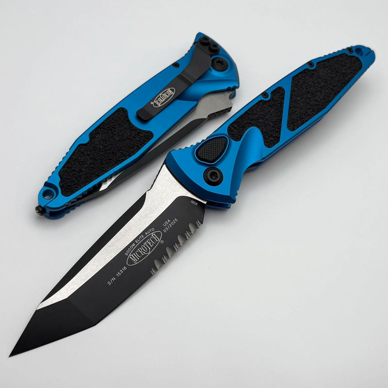 Microtech Socom Elite Auto w/ Blue Handles & Black Tanto Part Serrated 161A-2BL