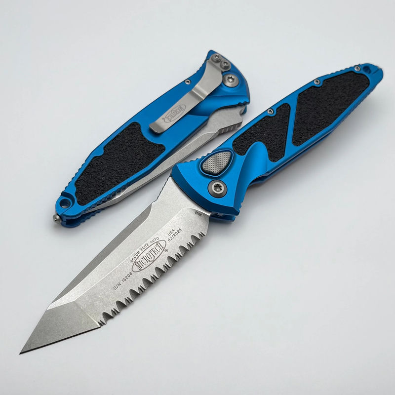Microtech Socom Elite Auto Stonewash T/E Full Serrated w/ Blue Handle 161A-12BL
