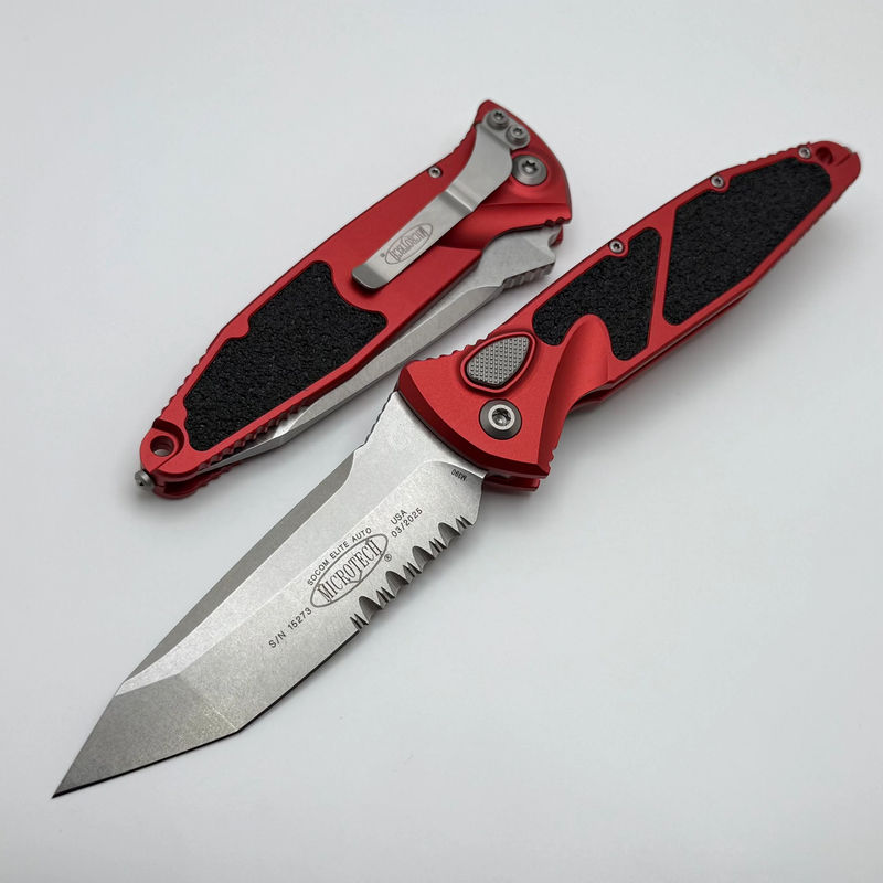 Microtech Socom Elite Auto Red Handles w/ Stonewash T/E Partial Serrated 161A-11RD