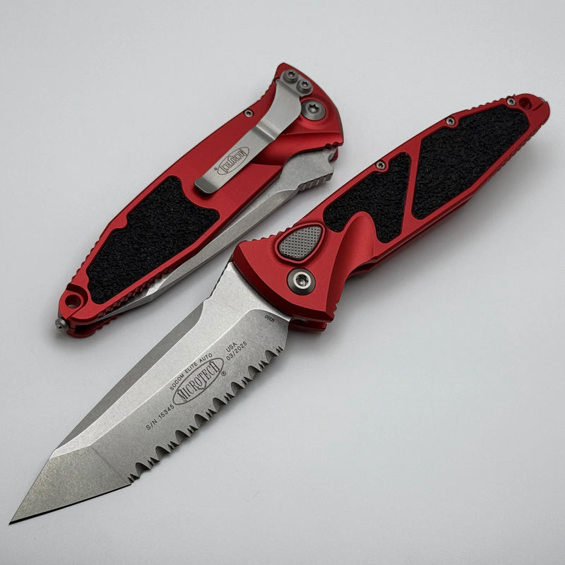 Microtech Socom Elite Auto Red Handles w/ Stonewash T/E Full Serrated 161A-12RD