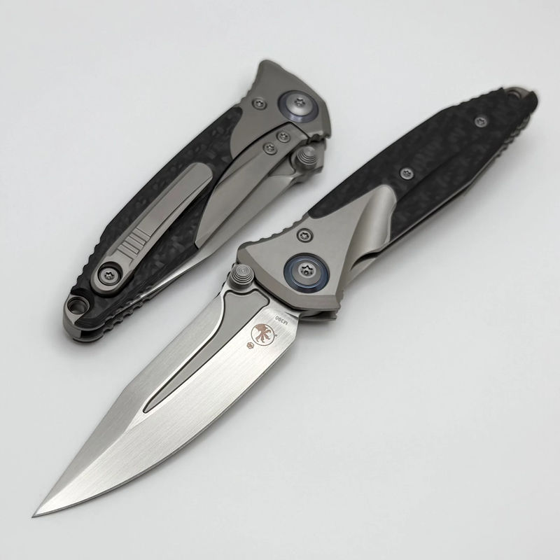 Discontinued Microtech Knives Socom Bravo Mini Spear Point Hand Satin w/ Blue Ti Pivot Collars & Carbon Fiber Scales 262M-4CFTI