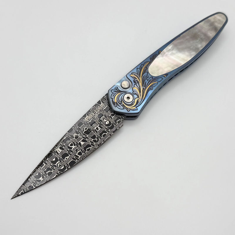 Pro-Tech Newport Blue Ti Hand Engraved Handles w/ Mother of Pearl Button & Black Lip Pearl Inlay w/ Vegas Forge Damascus 2025 Ultimate Custom