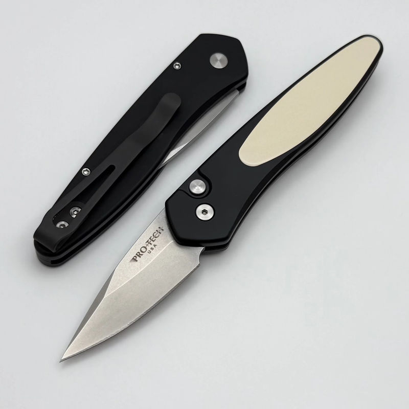 Pro-Tech Half-Breed Tuxedo Black Handle w/ Polished White Micarta Inlay & Black 3651