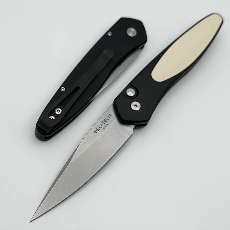Pro-Tech Newport Black w/ White Micarta Inlay & Stonewash S35VN Blade 3451