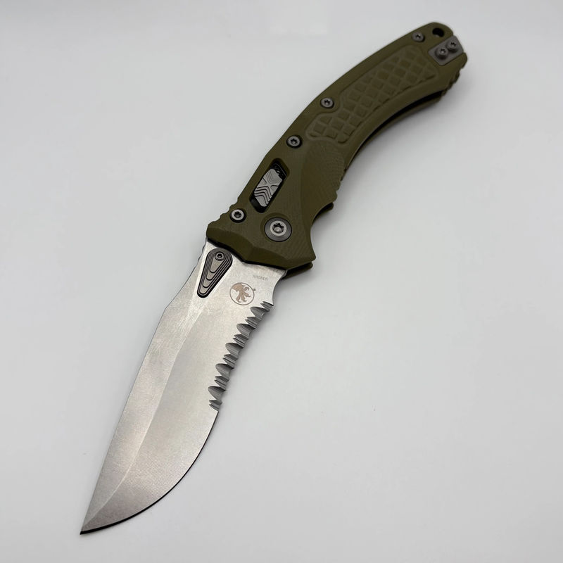 Pre-Owned Microtech Amphibian RAM LOK OD Green Frag G-10 & Partial Serrated Stonewash M390MK 137RL-11FRGTOD