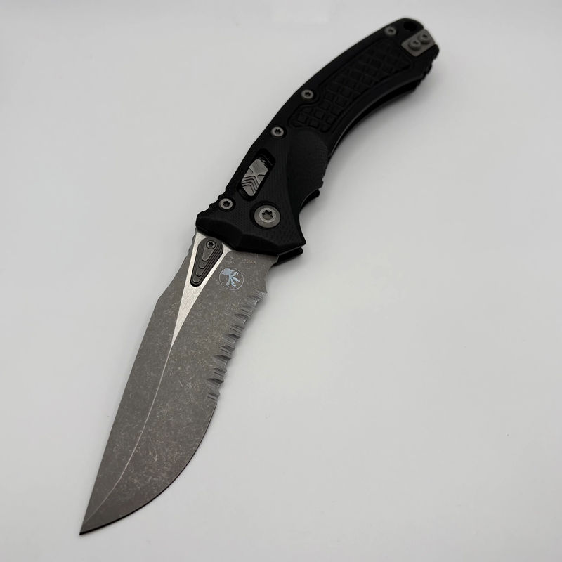 Pre-Owned Microtech Amphibian RAM LOK Black Frag G-10 & Partial Serrated Apocalyptic M390MK 137RL-11APFRGTBK