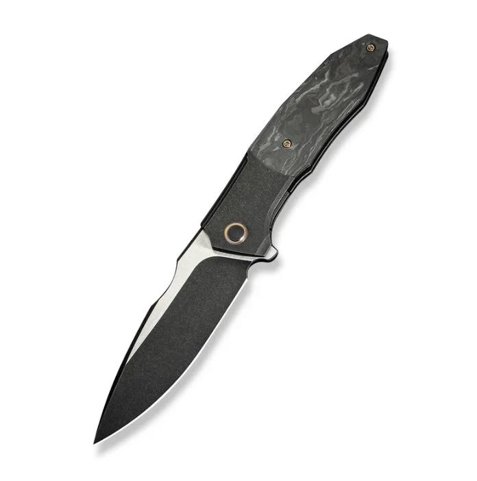 We Knife Archeozoic Flipper Black Titanium Handle w/ Shredded Carbon Fiber Inlays & Black Stonewashed M390 WE23091-1