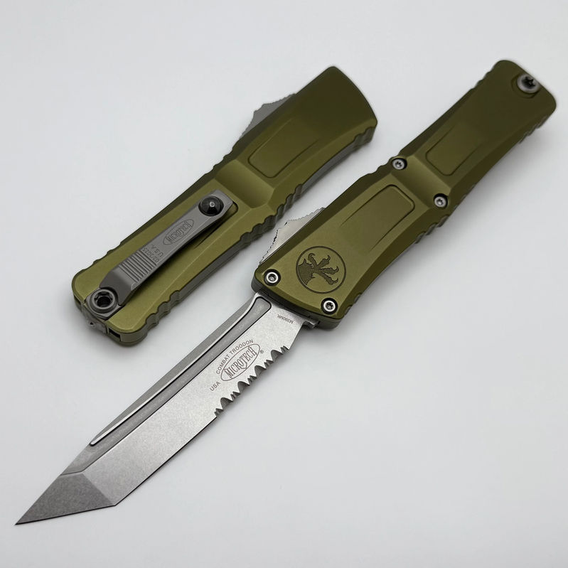 Microtech Knives Combat Troodon Gen III Stonewash Tanto Partial Serrated w/ OD Green Handle 1144-11OD