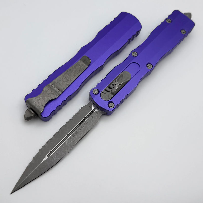 Microtech Dirac Delta D/E Apocalyptic Full Serrated w/ Purple Handle 227-12APPU