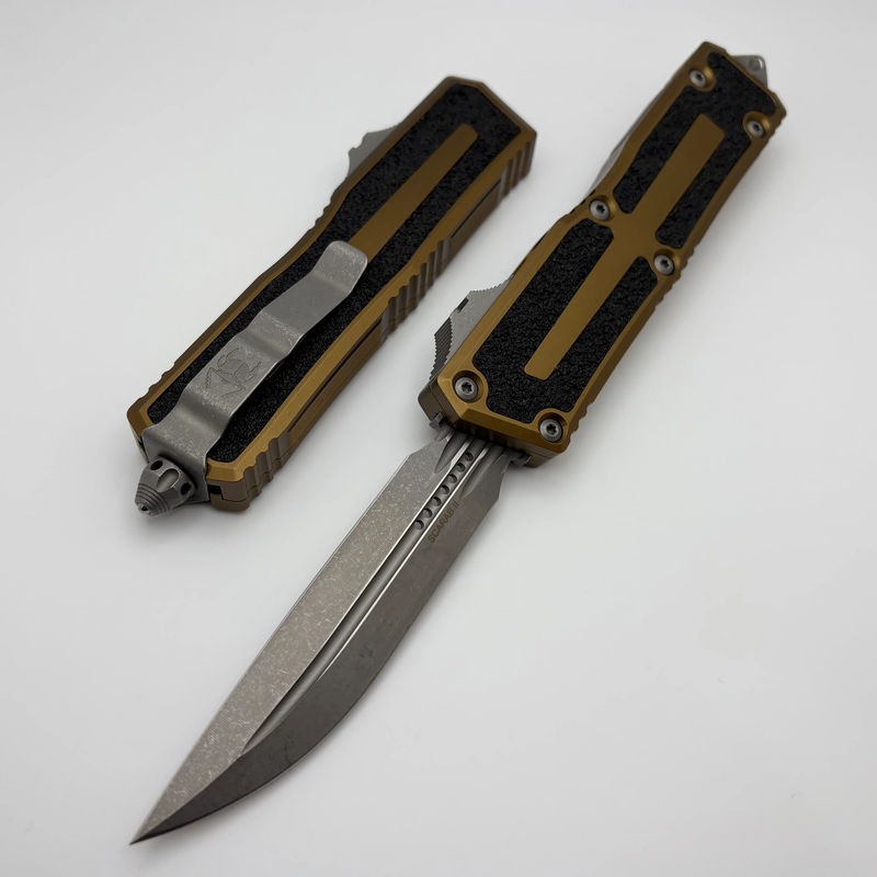 Microtech Scarab 2 Gen 3 Tan Handles w/ D/E-S Apocalyptic M390MK 1180-10APTA