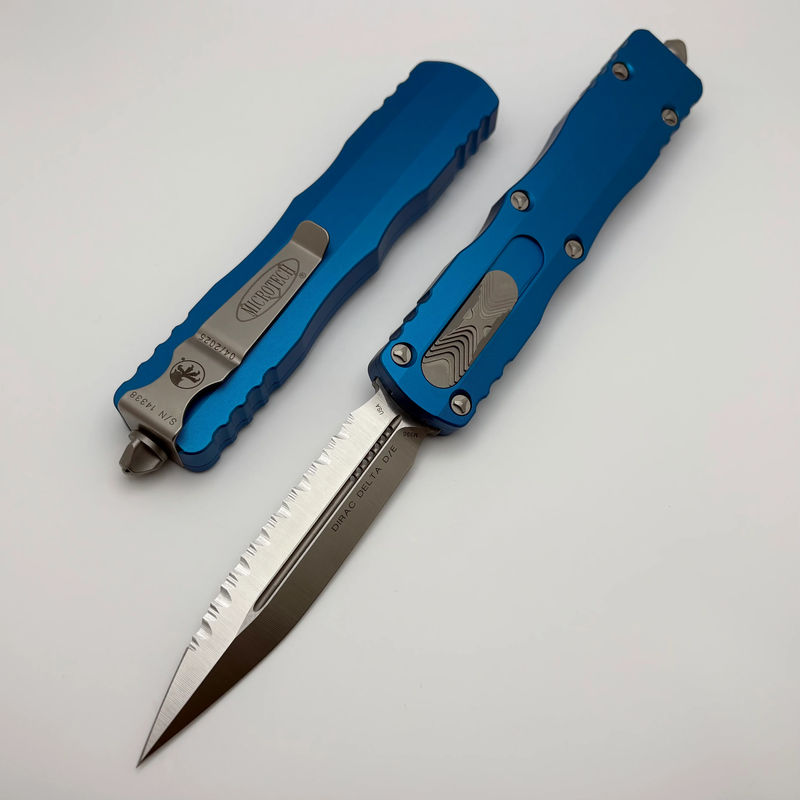 Microtech Dirac Delta D/E Satin Full Serrated w/ Blue Handle 227-6BL
