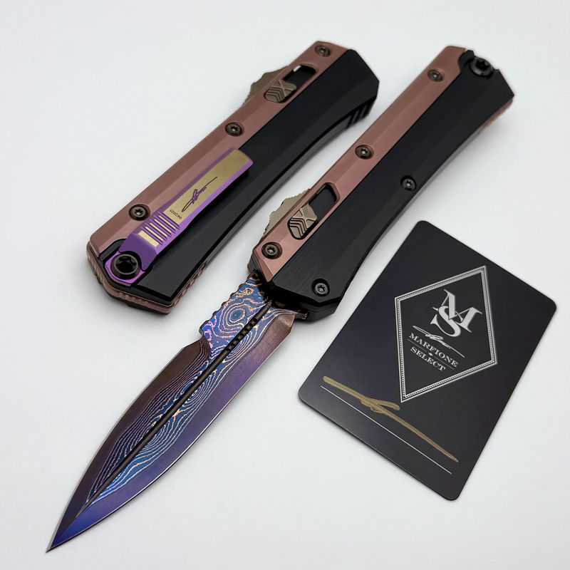 Marfione Select Microtech Glykon Black Handle w/ Rose Gold PVD & Purple Ti Accents w/ Blued Coppermai Bayonet 184-16MS3