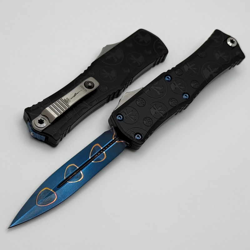 Microtech Knives Hera II Mini Blued Baker Forge Coppermai Damascus D/E w/ Black Claw Burst Deep Engraved Handle & Blue Ti Hardware Signature Series 1702M-16MS3