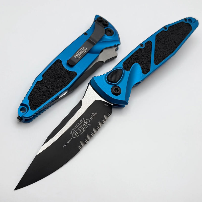 Microtech Socom Elite Auto Blue Handles w/ S/E Black Partial Serrated 160A-2BL