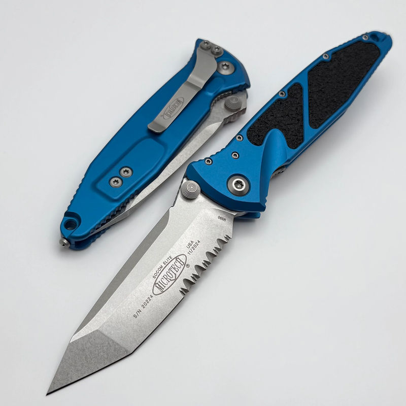 Microtech Socom Elite Manual Tanto Stonewash Partial Serrated & Blue Handles 161-11BL
