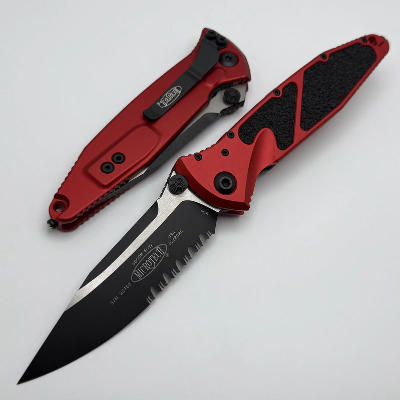 Microtech Socom Elite Manual Black Single Edge Part Serrated w/ Red Handles 160-2RD