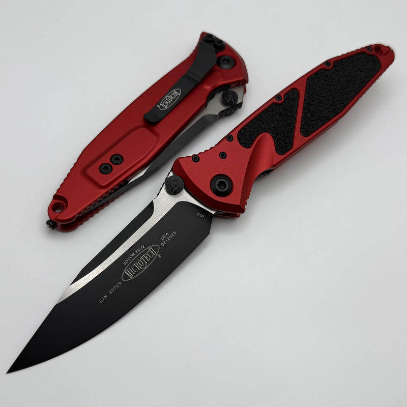 Microtech Socom Elite Manual Black Single Edge w/ Red Handles 160-1RD