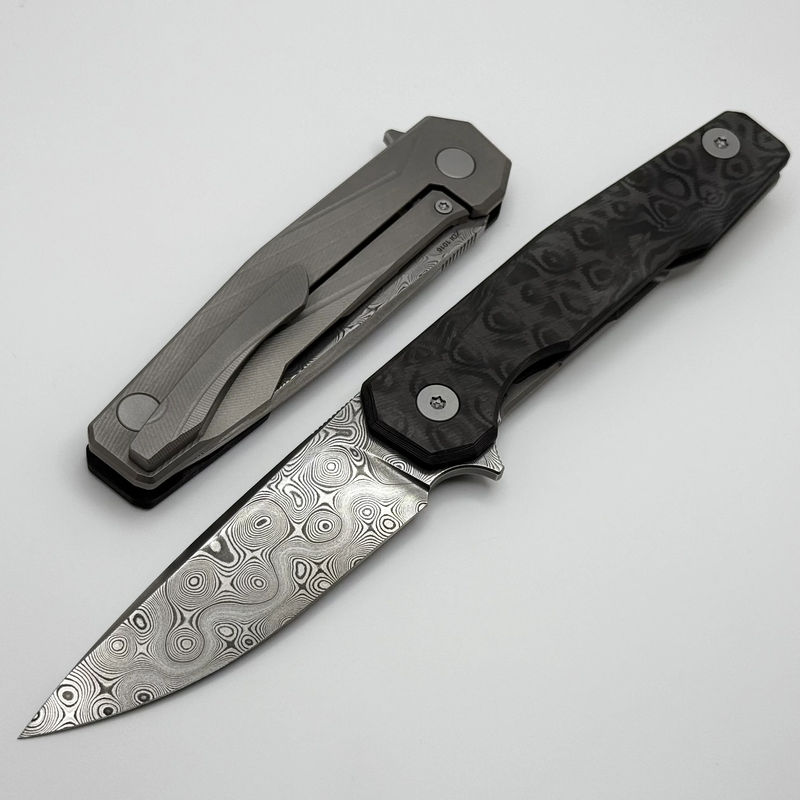Uldanov Custom Knives R1 w/ Milled Titanium/Carbon Fiber & Damascus Flipper