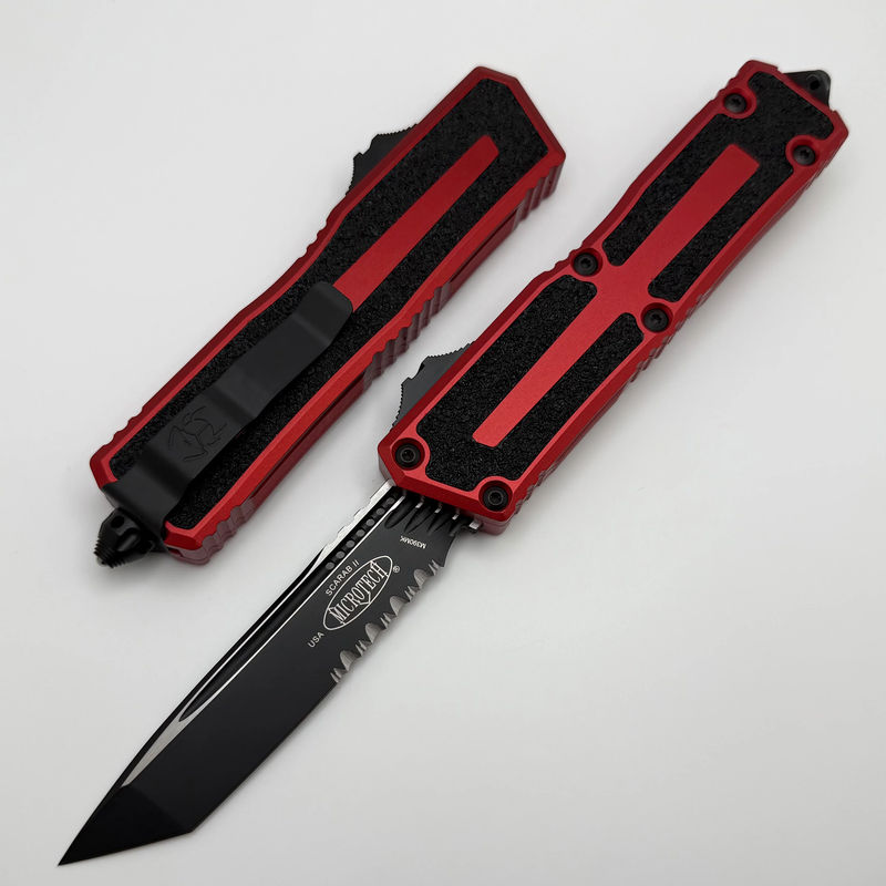 Microtech Scarab 2 Gen 3 Black Part Serrated Spine Fluted Tanto w/ Red Handle 1279-2RD