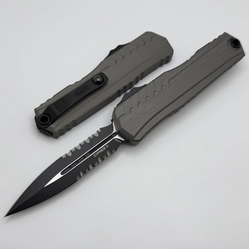 Microtech Cypher II D/E Black Partial Serrated w/ Natural Clear Handle 1242-2NC