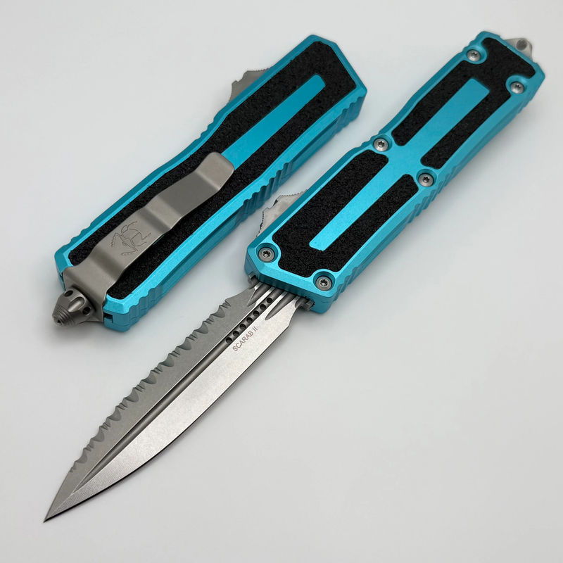 Microtech Scarab 2 Gen 3 D/E Stonewash Full Serrated w/ Turquoise Handle 1280-12TQ