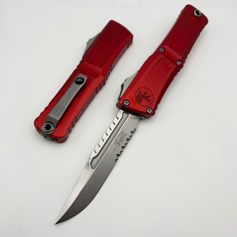 Microtech Knives Combat Troodon Gen III Stonewash Partial Serrated Interceptor w/ Red Handle Signature Series 1217-11RDS