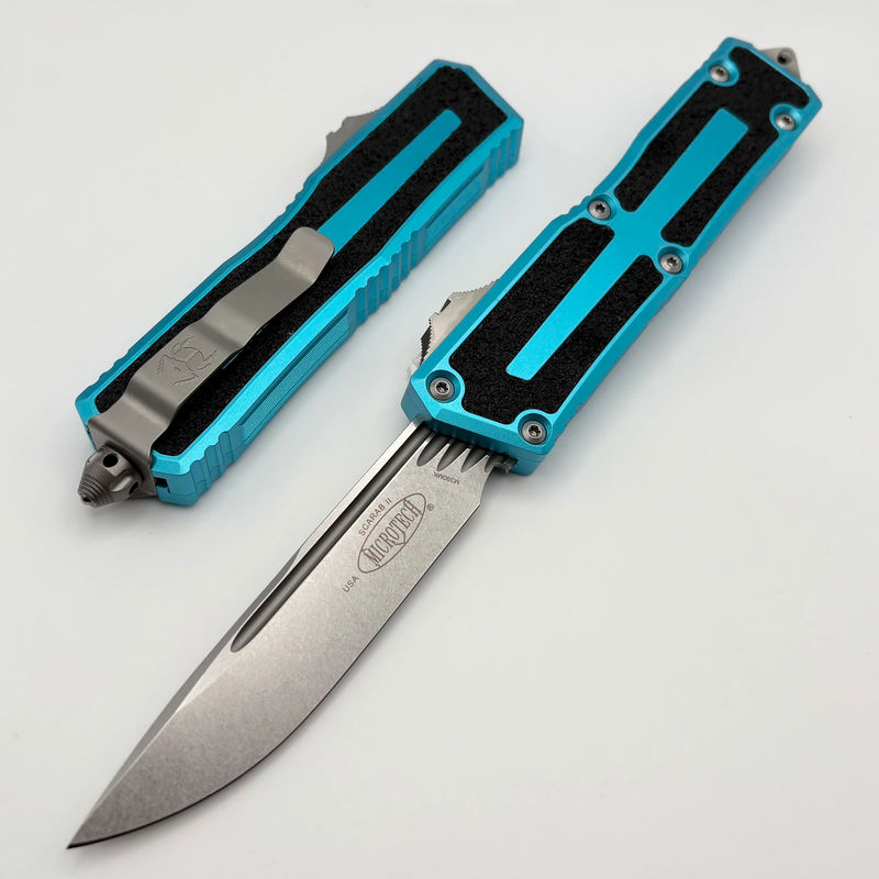 Microtech Scarab 2 Gen 3 Turquoise Handles w/ S/E Spine Fluted Stonewash M390MK 1278-10TQ