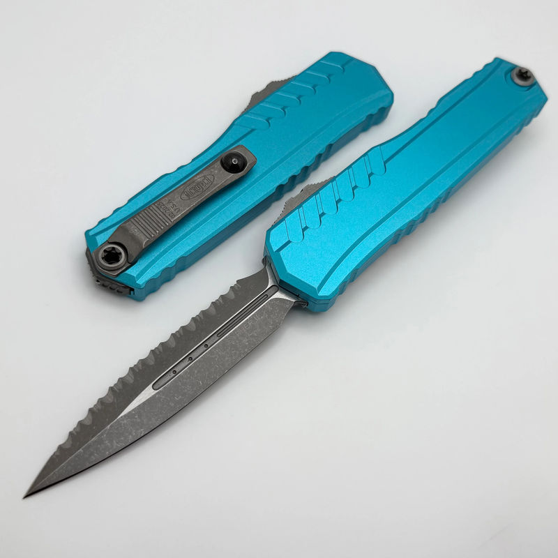 Microtech Cypher II D/E Full Serrated Apocalyptic w/ Turquoise Handle 1242-12APTQ