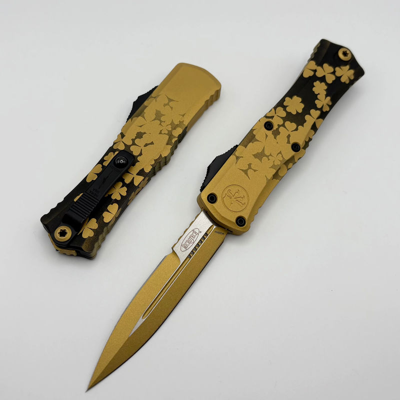 Microtech Knives Mini Hera II Saint Patricks Day Gold w/ Bayonet M390MK Signature Series 1701M-1SPDGDS