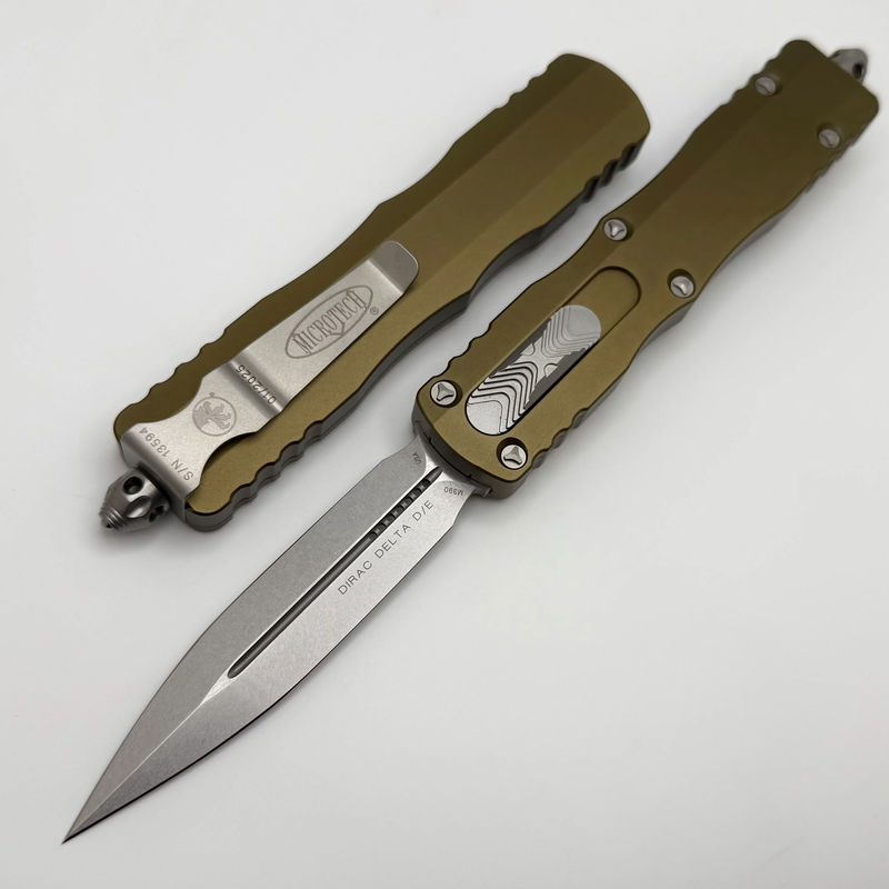 Microtech Dirac Delta Stonewash D/E w/ OD Green Handle 227-10OD