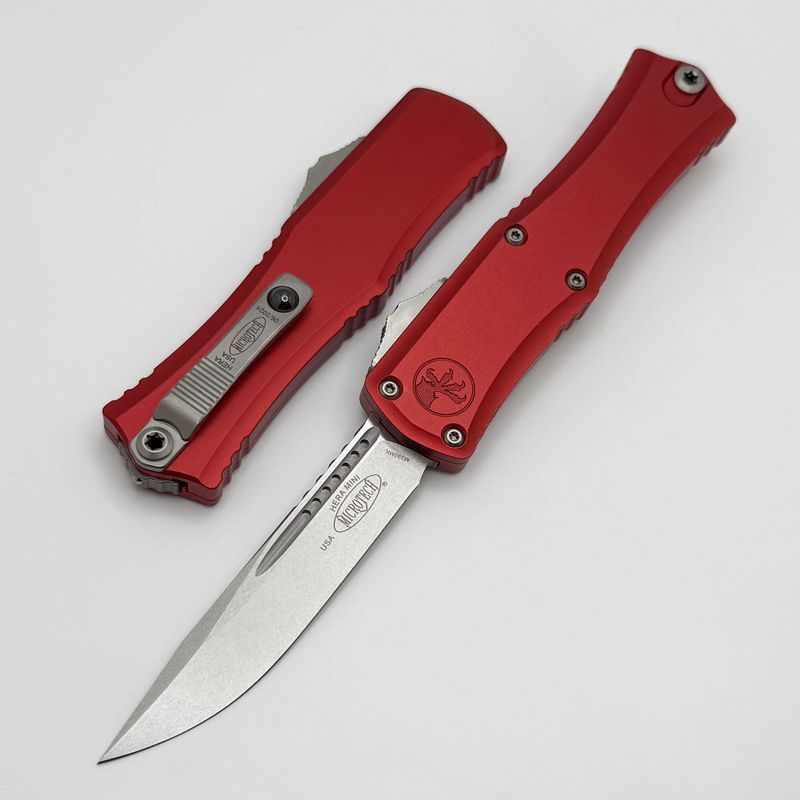 Microtech Knives Mini Hera Stonewash S/E M390MK w/ Red Handle 1703M-10RD
