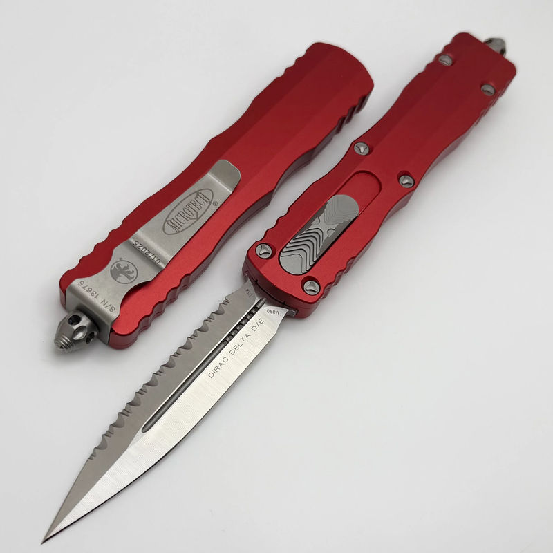 Microtech Dirac Delta D/E Satin Full Serrated w/ Red Handle 227-6RD