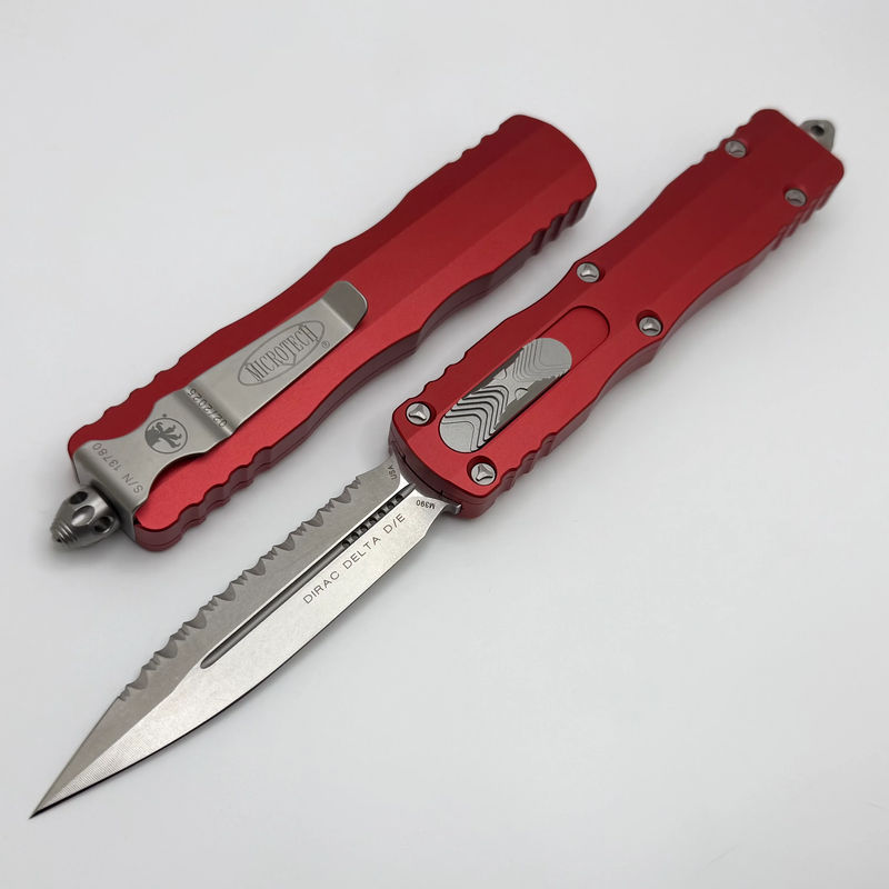 Microtech Dirac Delta D/E Stonewash Full Serrated w/ Red Handle 227-12RD