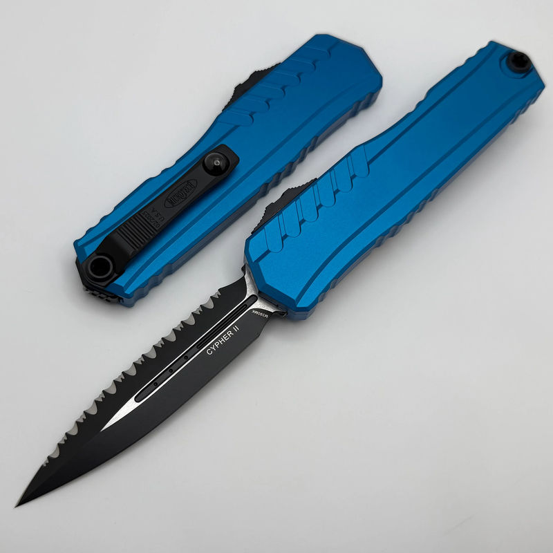 Microtech Cypher II Black D/E Full Serrated w/ Blue Handle 1242-3BL