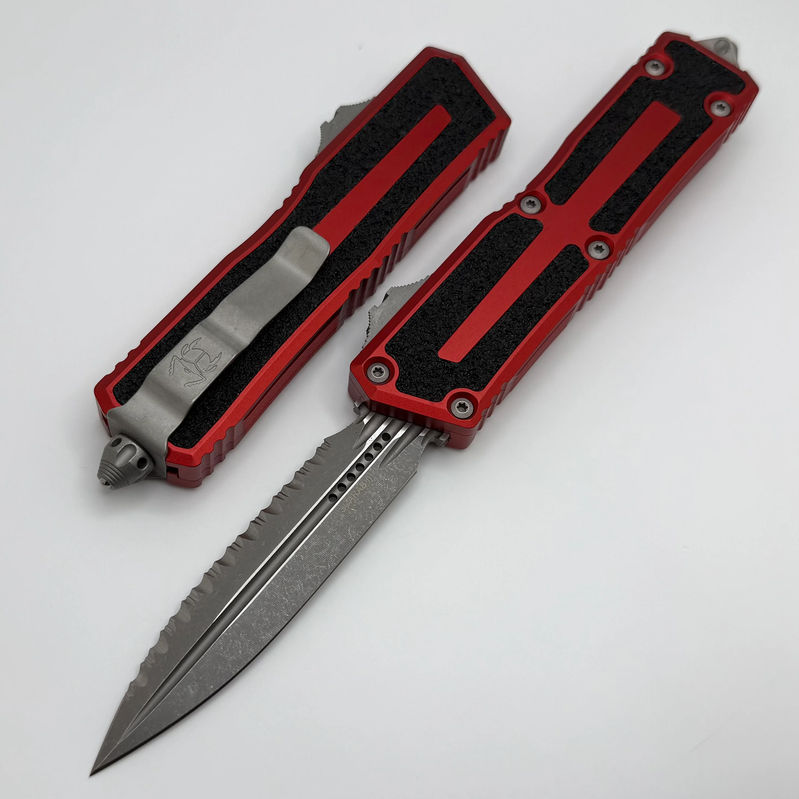 Microtech Scarab 2 Gen 3 D/E Apocalyptic Full Serrated w/ Red Handle 1280-12APRD