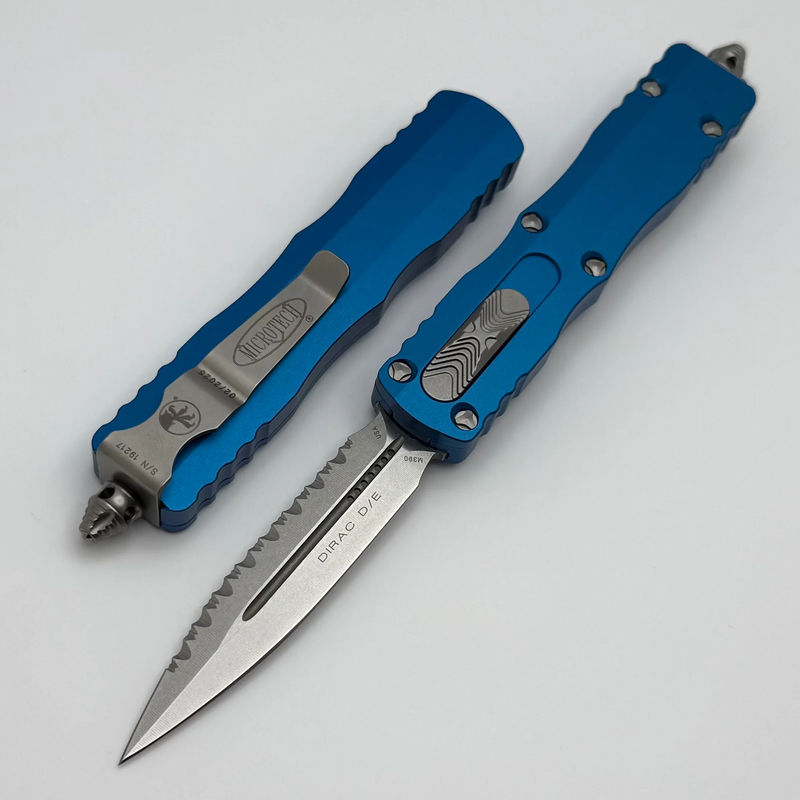 Microtech Dirac Double Edge Stonewash Full Serrated & Blue Handle 225-12BL