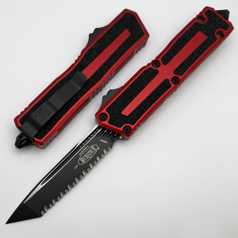 Microtech Scarab 2 Gen 3 Black Full Serrated Spine Fluted Tanto w/ Red Handle 1279-3RD
