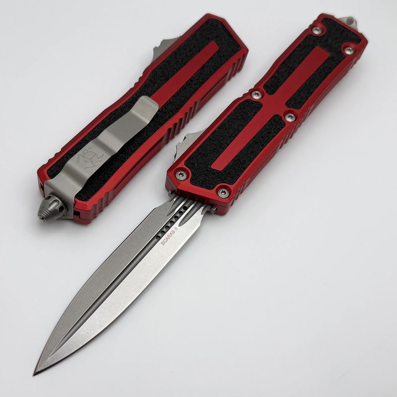 Microtech Scarab 2 Gen 3 D/E Stonewash Standard w/ Red Handle 1280-10RD
