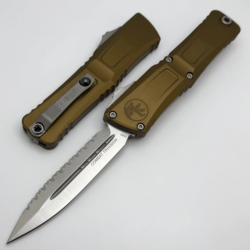 Microtech Knives Combat Troodon Gen III Satin Full Serrated Double Edge w/ Tan Handle 1142-6TA