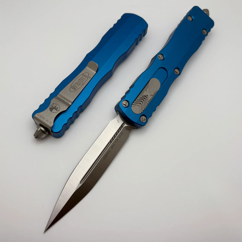 Microtech Dirac Delta D/E Satin w/ Blue Handles 227-4BL