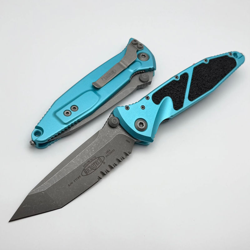 Microtech Socom Elite Manual Tanto Apocalyptic Partial Serrated & Turquoise Handles 161-11APTQ