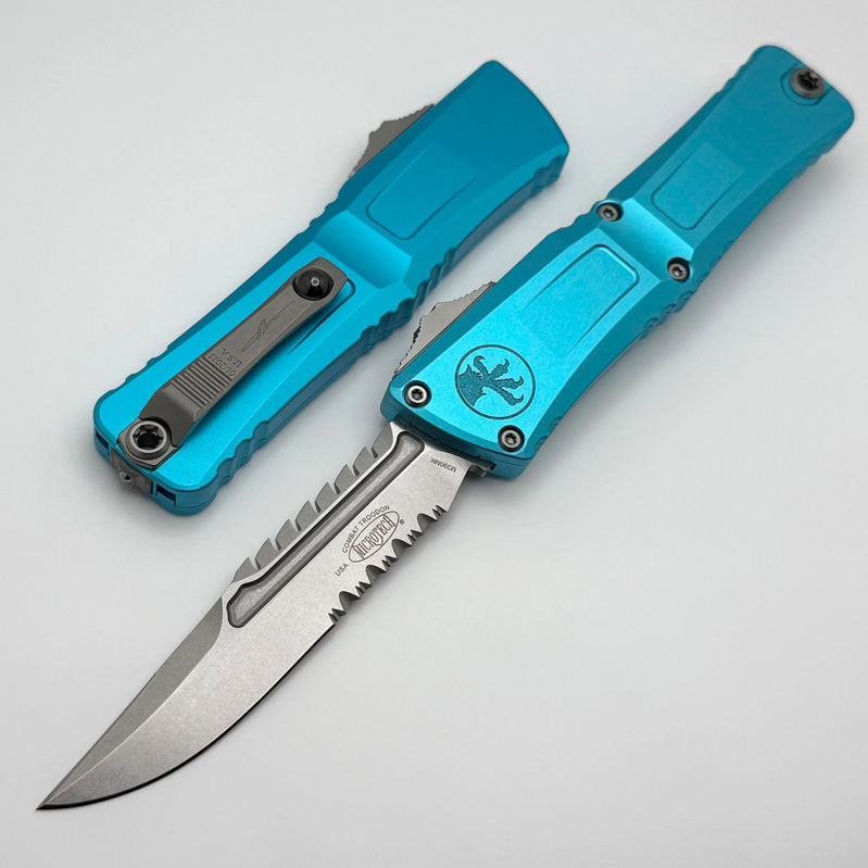 Microtech Knives Combat Troodon Gen III Stonewash Partial Serrated Interceptor w/ Turquoise Handle Signature Series 1217-11TQS