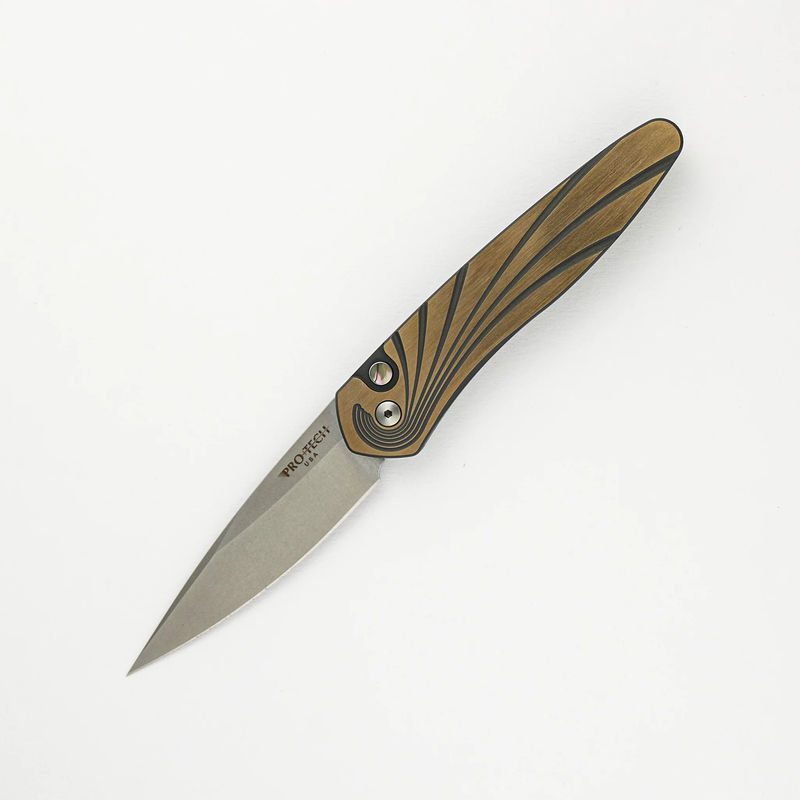 Newport - Custom 002 - Green/Bronze Ti Wave Handle, Stonewash S35VN Blade, Abalone Button