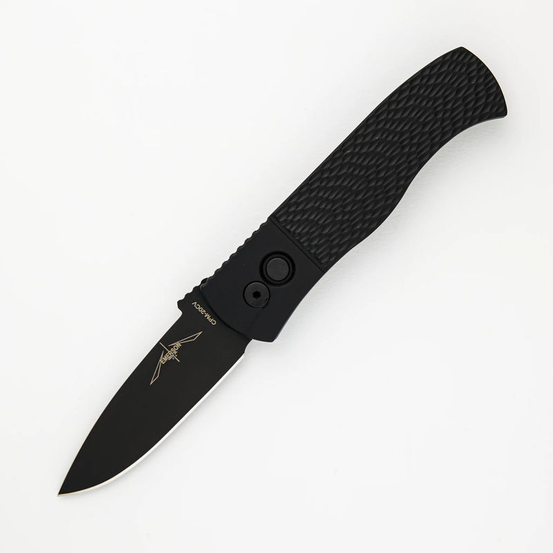 CQC7 Auto - Jigged Textured Black Handle - Black DLC 20CV Spear Point Blade E7A06-20CV (Emerson Design)