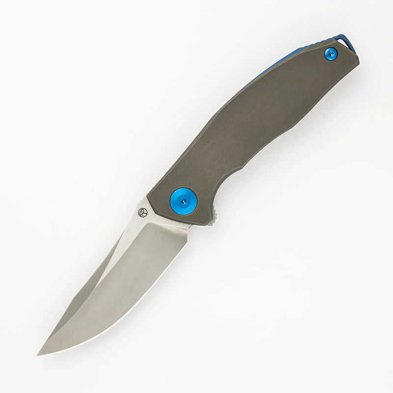 Adzin Flipper – Blasted W- Satin Flats M390 Blade – Blasted Titanium Handle W- Blue Accents