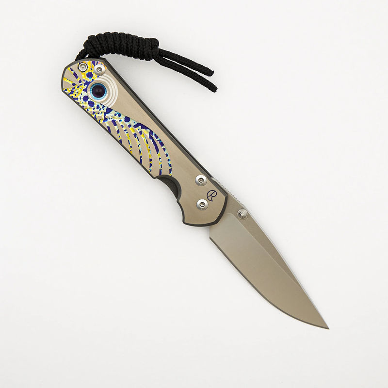 Small Sebenza 31 - Unique Graphic Left Handed - Drop Point CPM MagnaCut Blade - Amethyst - Silver Single Thumb Lug