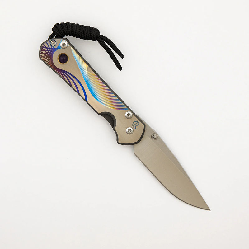 Small Sebenza 31 - Unique Graphic Left Handed - Drop Point CPM MagnaCut Blade - Amethyst - Silver Single Thumb Lug