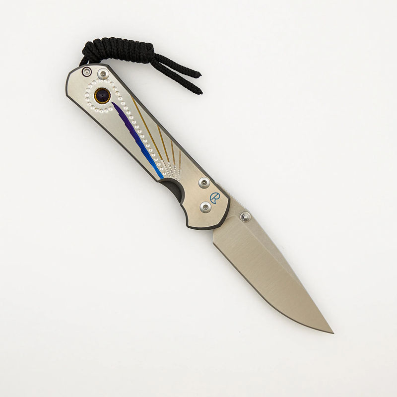 Small Sebenza 31 - Unique Graphic Left Handed - Drop Point CPM MagnaCut Blade - Amethyst - Silver Single Thumb Lug