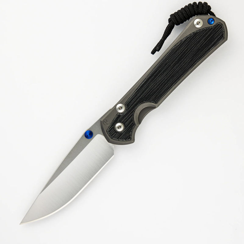 LARGE SEBENZA 31 BLACK CANVAS MICARTA INLAY – POLISHED CPM MAGNACUT BLADE – GLASS BLASTED - BLUE DOUBLE THUMB LUGS