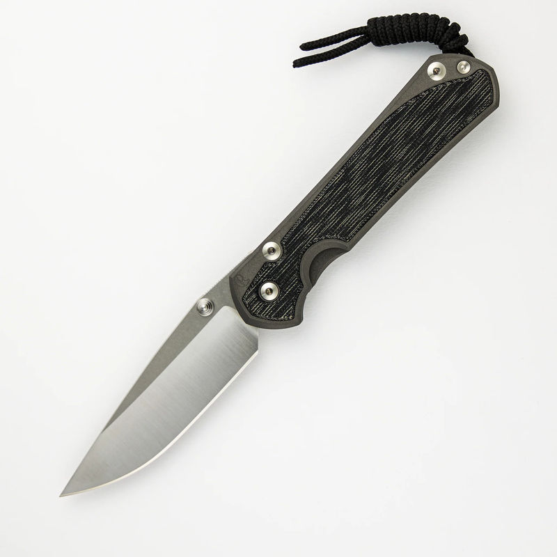LARGE SEBENZA 31 BLACK CANVAS MICARTA INLAY – POLISHED CPM MAGNACUT BLADE – SILVER DOUBLE THUMB LUGS